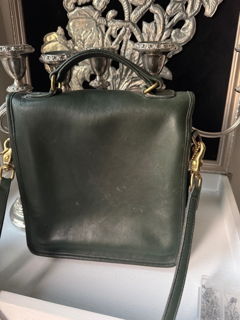 Coach Dark Green Leather Satchel with Top Handle and Crossbody Strap - Picture 4 of 9